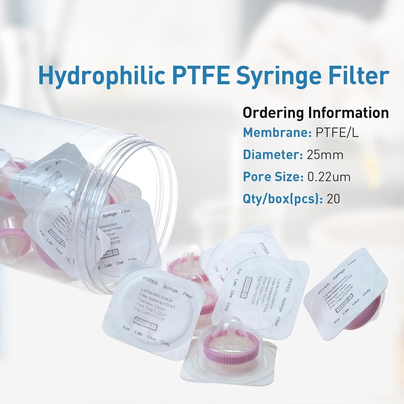 Labfil Sterilized Syringe Filter PTFE 20 Pack, 0.22 um Pore Size, 25 mm Membrane Diameter, Hydrophilic Filtration Sterile Packed Individually - Image 2